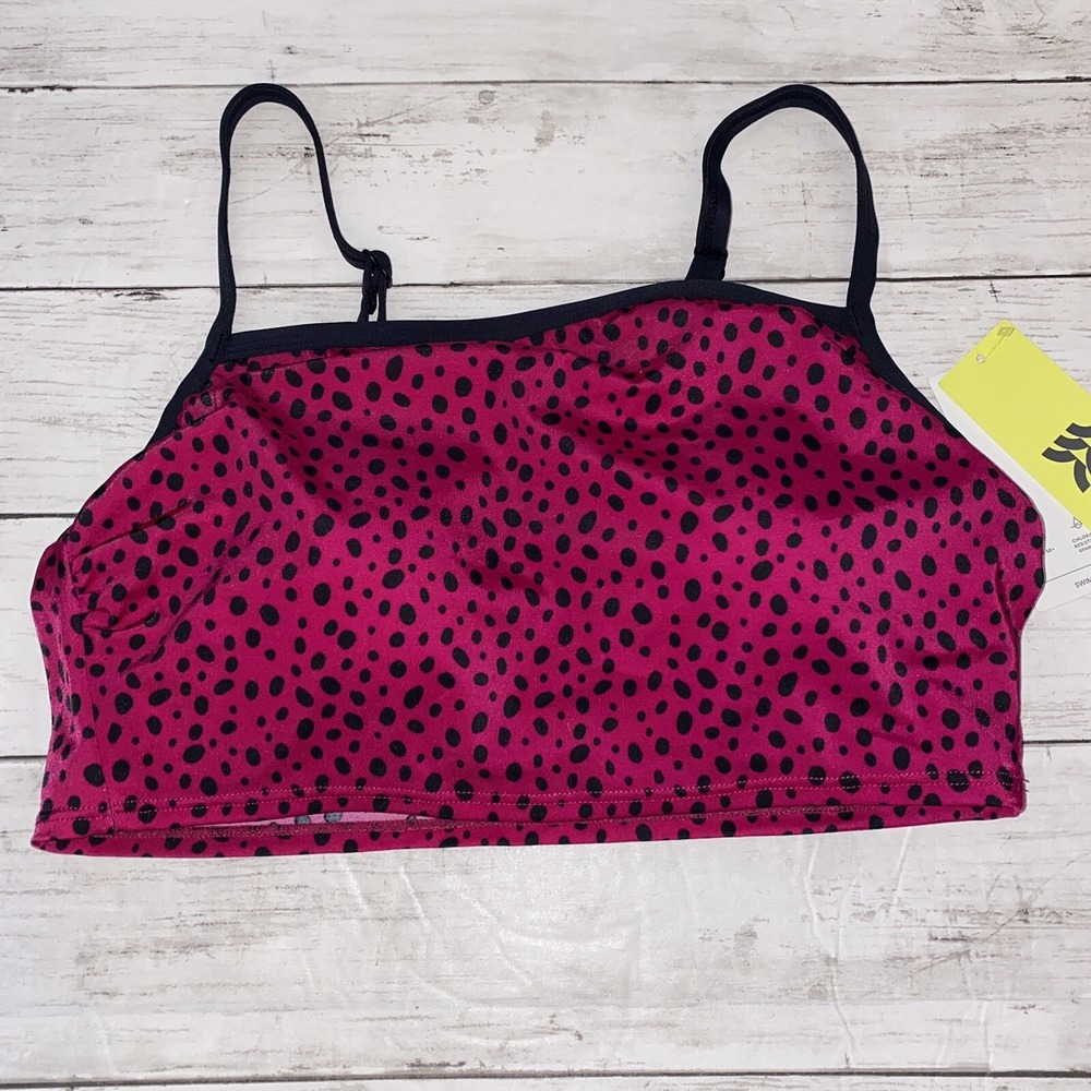 All In Motion Bikini Top Womens Medium Pink Black‎ Dot Berry Strappy Swim NEW M